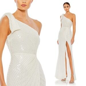 Mac Duggal NEW White Pearl Embellished One Shoulder Bow Thigh Slit Gown Size‎ 14